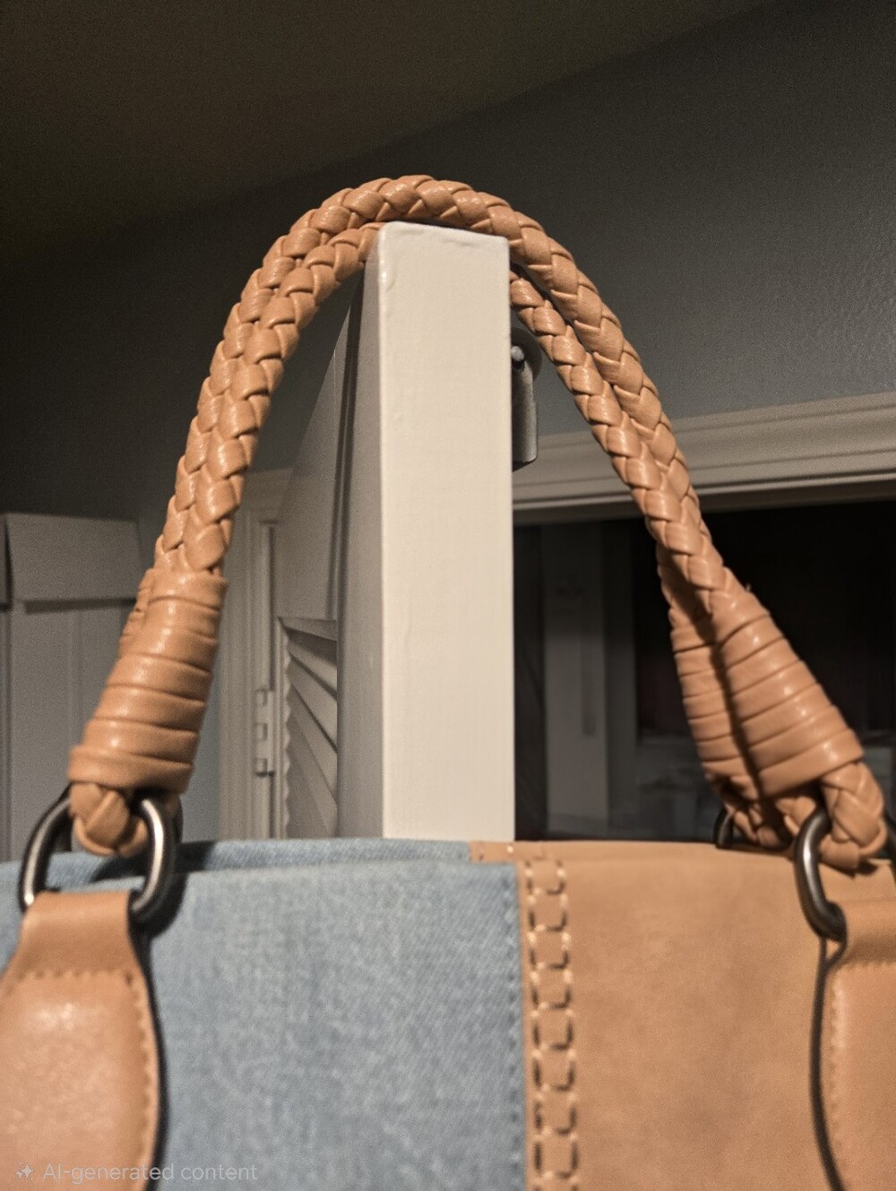 Woven Handle Tan and Light Blue Women’s Tote Bag